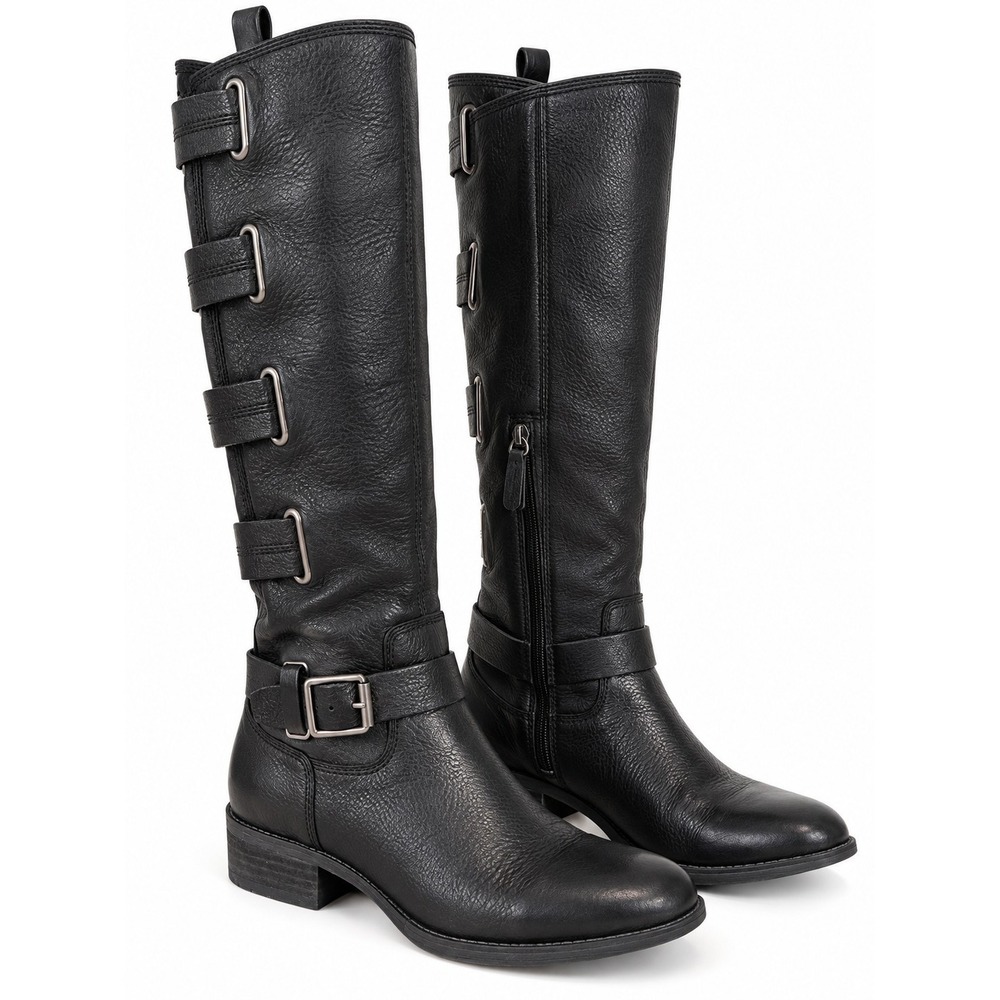 Sole Society Franzie Boots 7.5 Black Leather Knee High Moto Biker Strappy Buckle